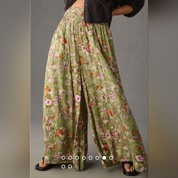 Anthropologie Wide-Leg Floral Pants In Olive Green Size 6 Tall NWT - Picture 7 of 11